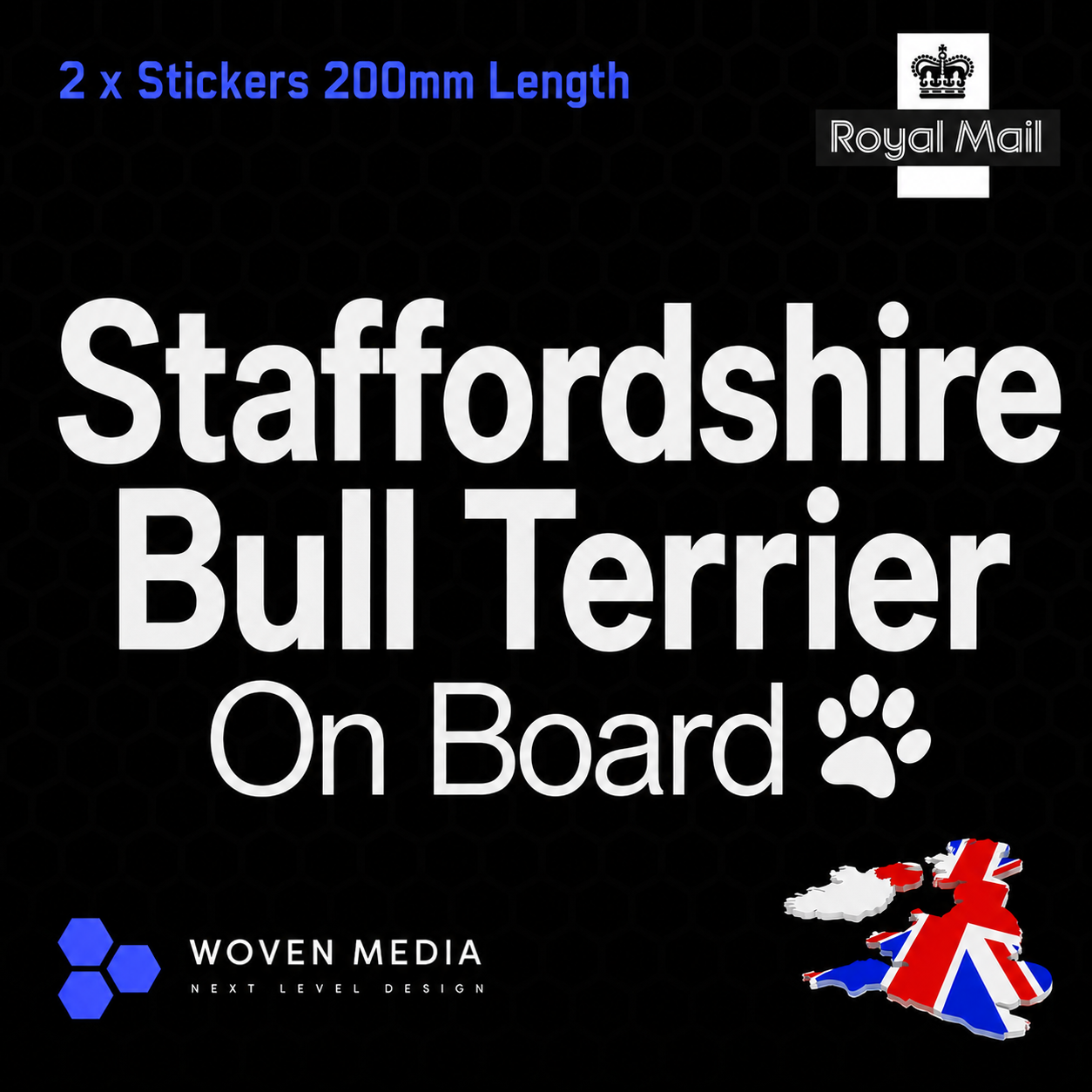 Staffordshire Bull Terrier On Board Decals & Stickers – Pair | White 200mm Vinyl Car Window Decals