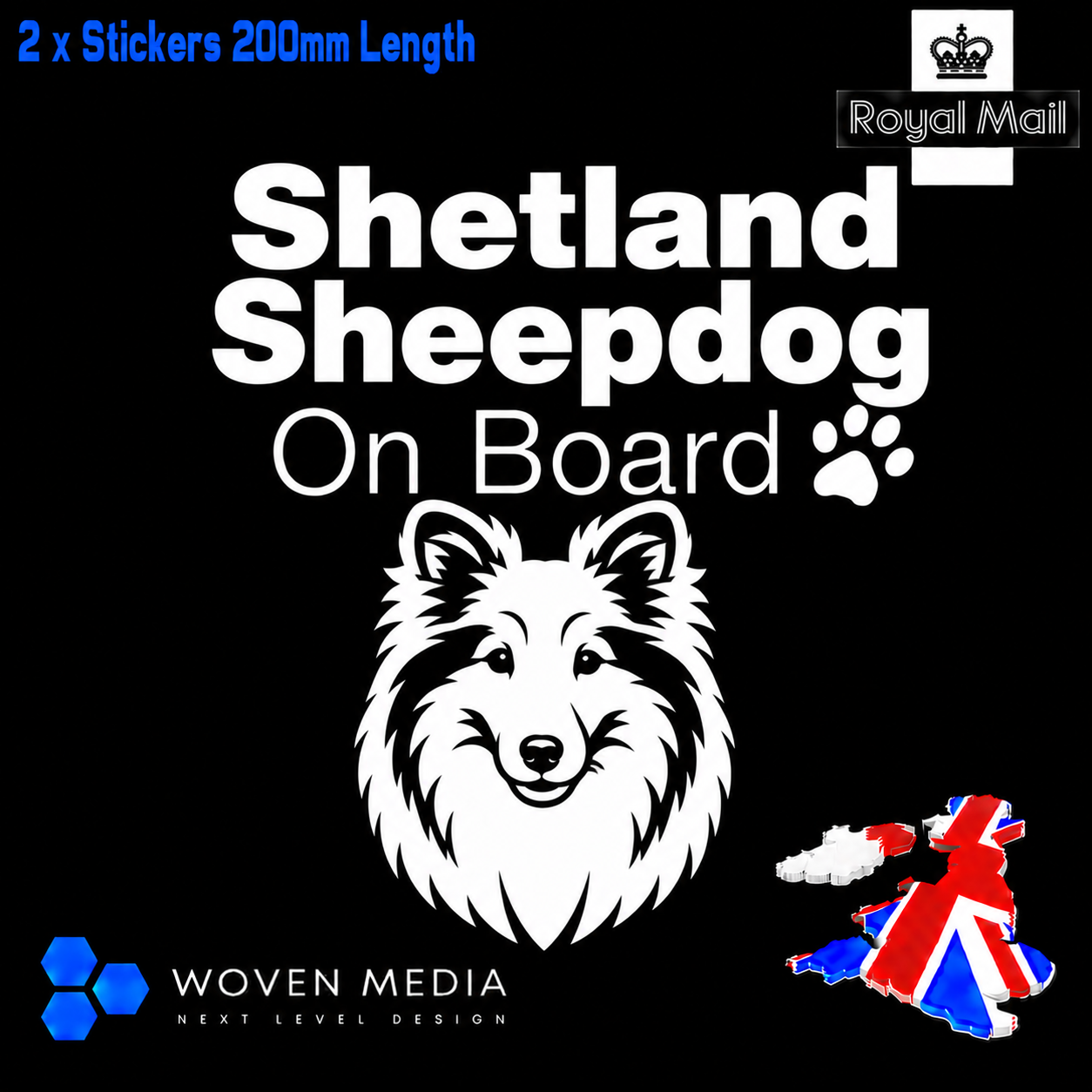 Shetland Sheepdog On Board Decals & Stickers – Pair | White 200mm Vinyl Car Window Decals