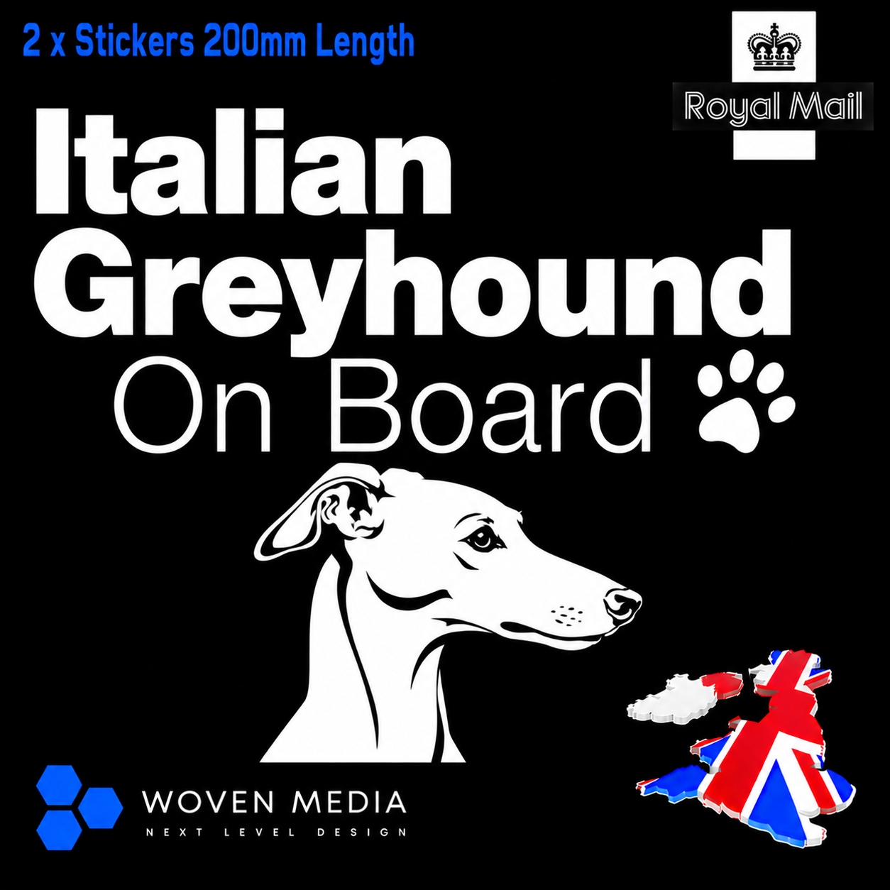 Italian Greyhound On Board Decals & Stickers – Pair | White 200mm Vinyl Car Window Decals