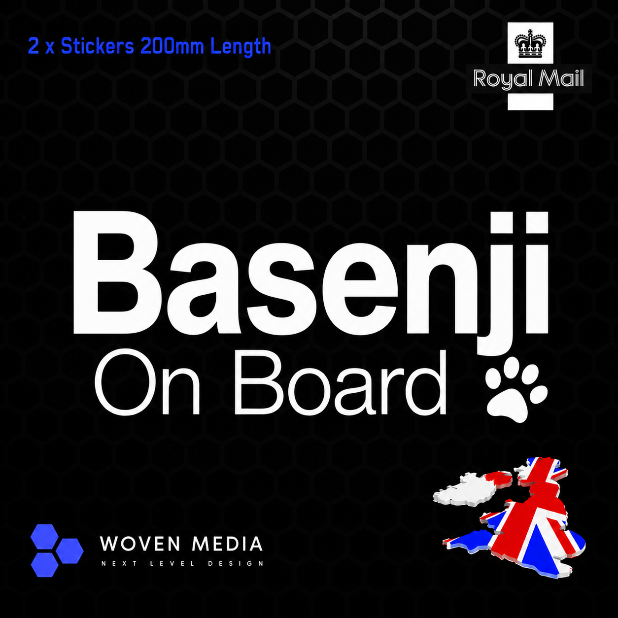 Basenji On Board Decals & Stickers – Pair | White 200mm Vinyl Car Window Decals