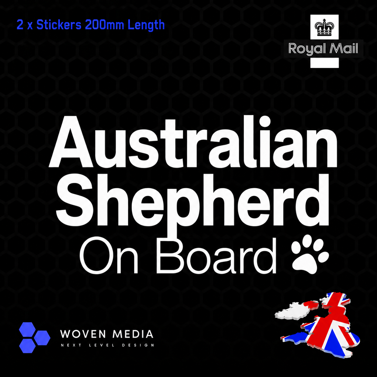 Australian Shepherd On Board Decals & Stickers – Pair | White 200mm Vinyl Car Window Decals