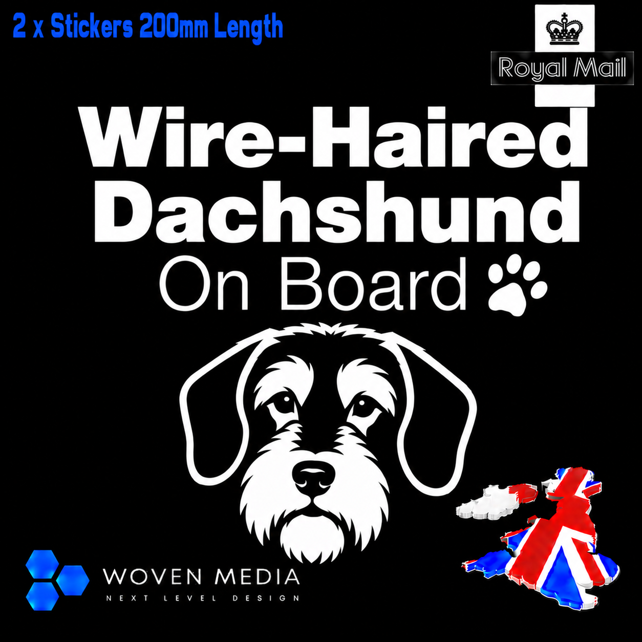 Wire-Haired Dachshund On Board Decals & Stickers – Pair | White 200mm Vinyl Car Window Decals