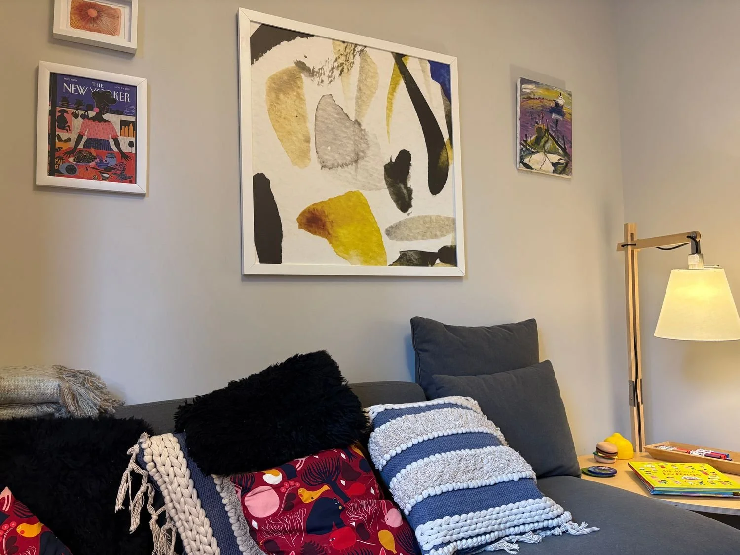 Image of Alison Cunningham Goldberg Art Therapist office for Teens with colorful paintings