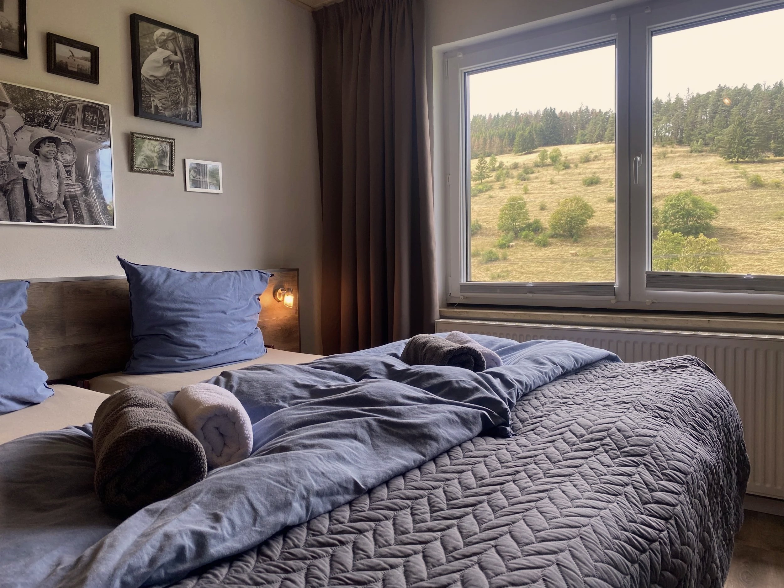 Luxuriöses Schlafzimmer mit Blick auf die Berge und Wiesen rund um das Haus