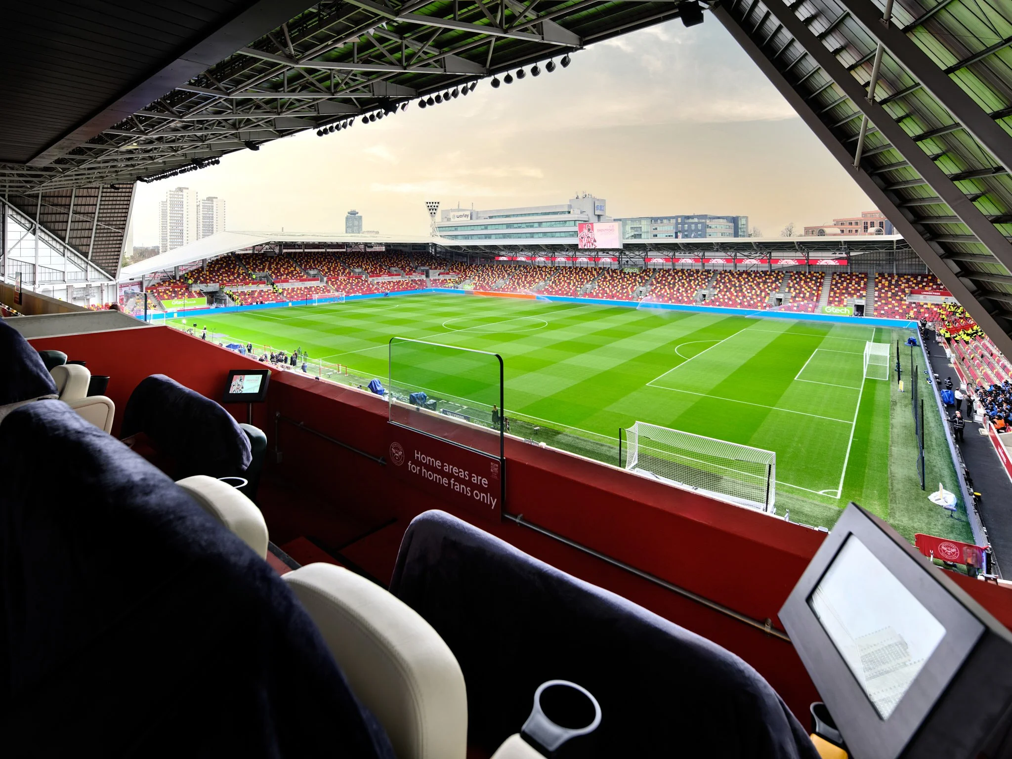 View of pitch from seats at Brentford FC Gtech Community Stadium, photography by Premier Stadium Images