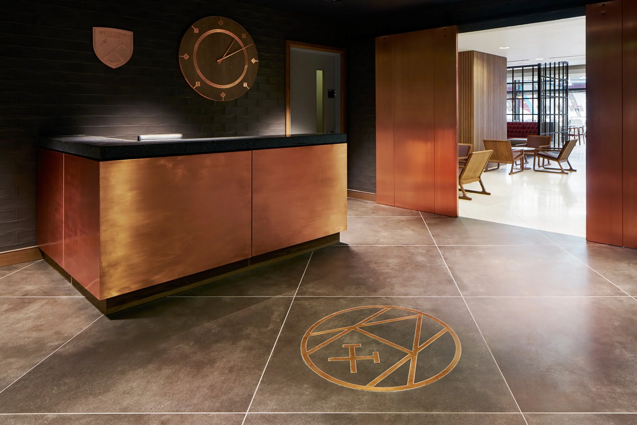 Entrance to Hospitality Restaurant in West Ham football ground The London Stadium, photography by Premier Stadium Images