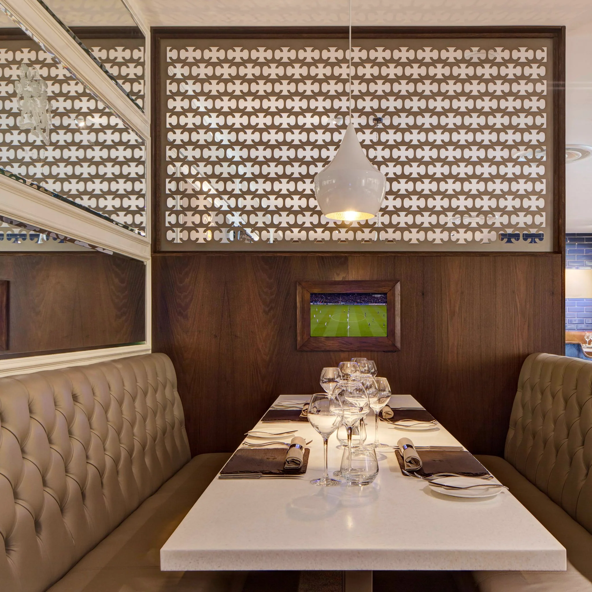 Seating Details in The Connell Club Restaurant Bar at Manchester City ground Etihad Stadium, photography by Premier Stadium Images