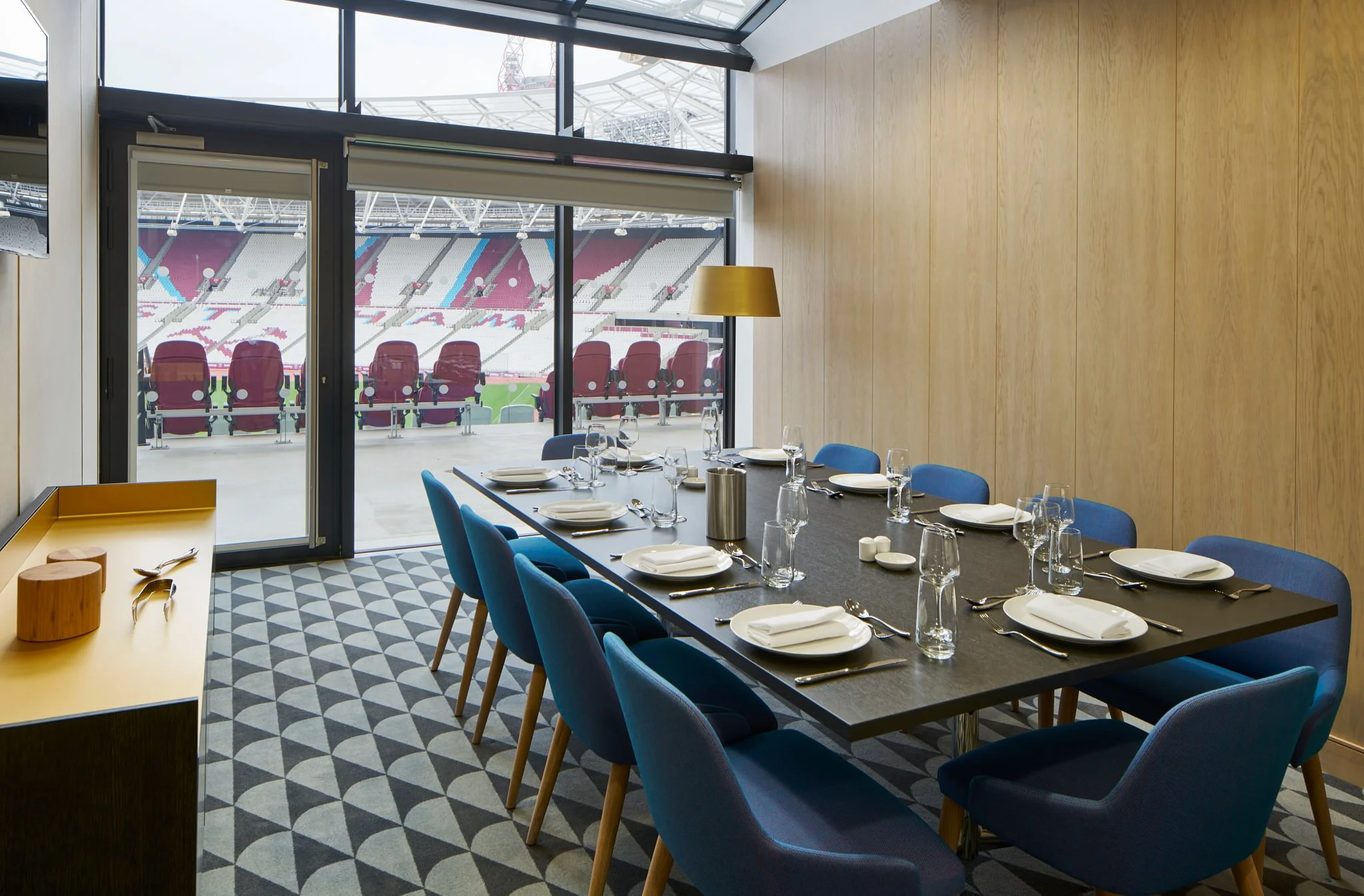 Private Box in West Ham football ground The London Stadium, with view of the pitch, photography by Premier Stadium Images