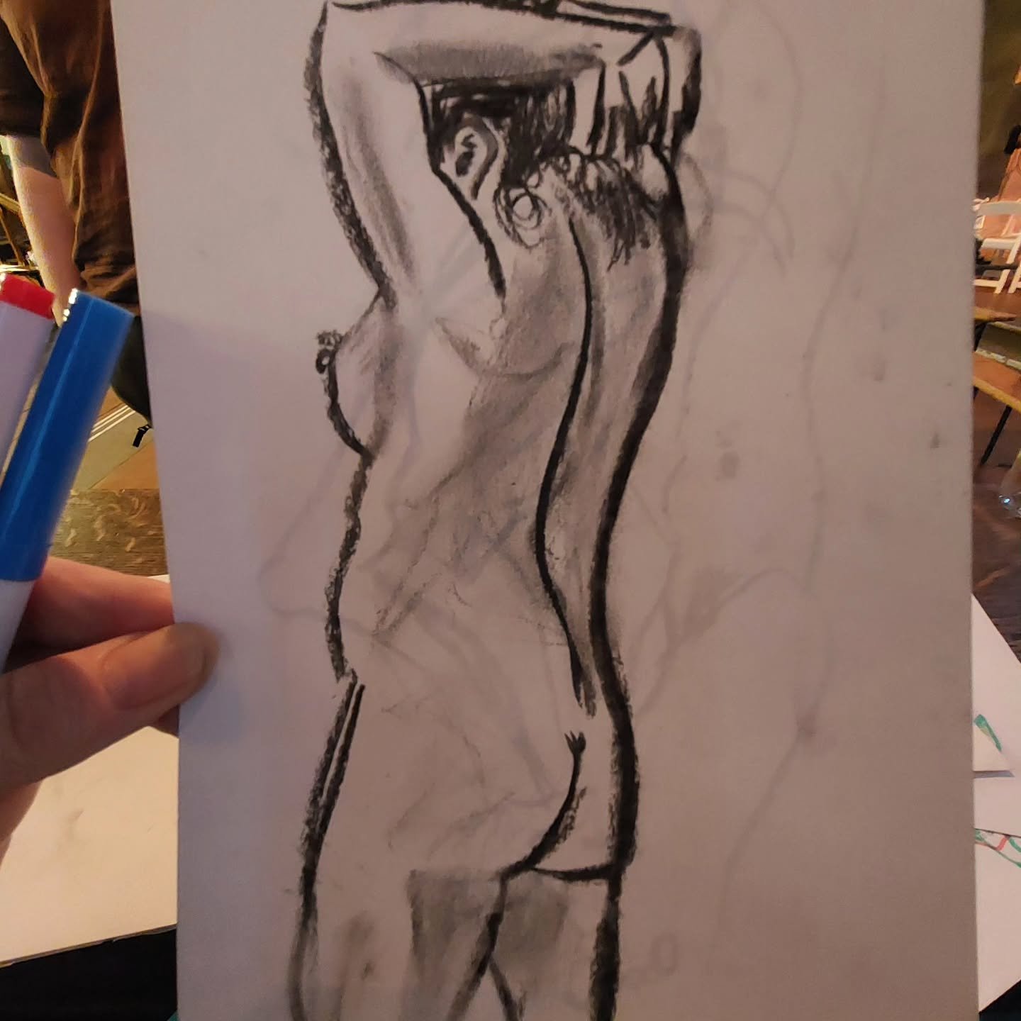 Some down time tonight with @seeyounakedmonday @leftbankleeds. Life drawing whilst the model moves. I have forgotten to restock my life drawing bag, so I ended up using felt tips and random paper, and it was actually quite freeing to do something dif