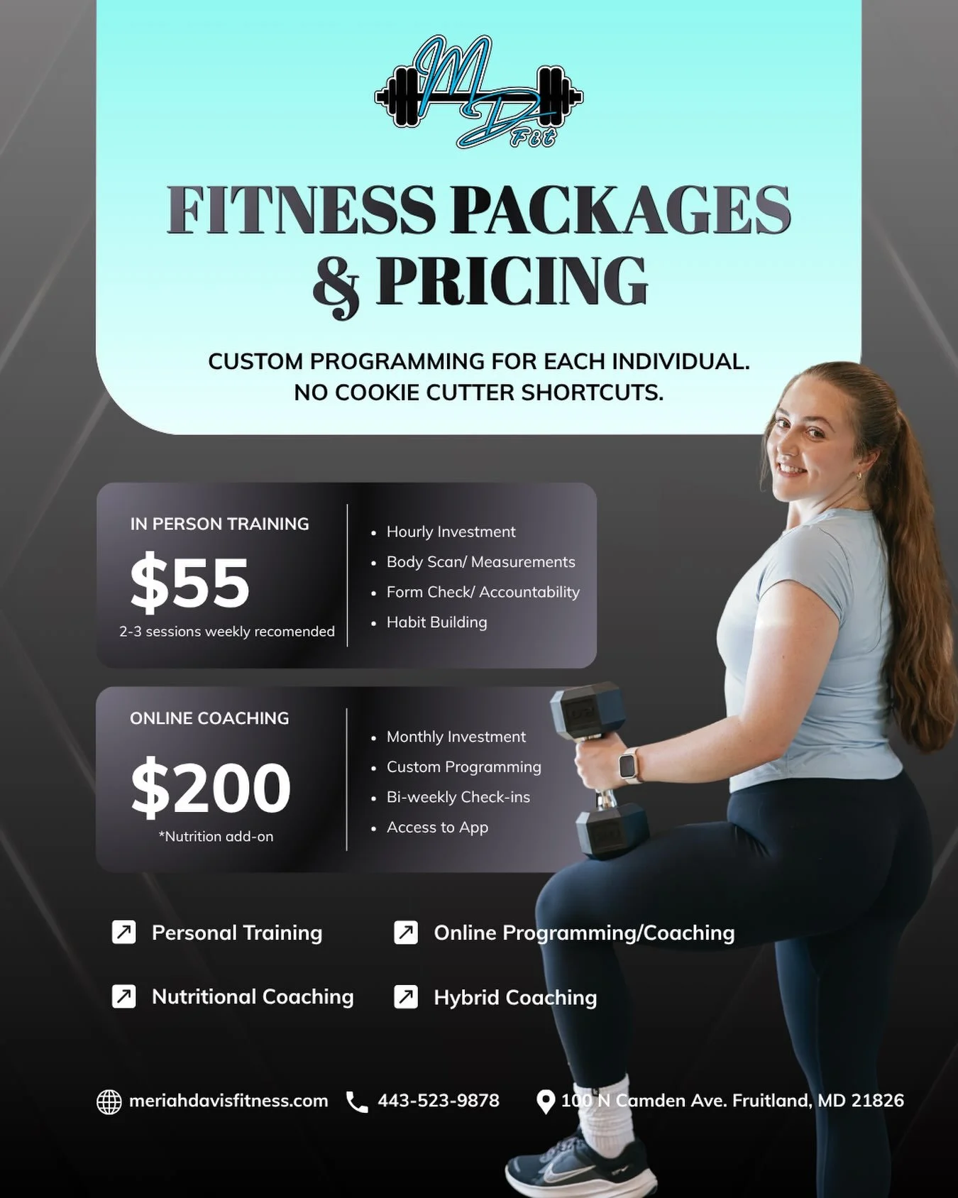Training Pricing and Packages 💪🏼🩵

Ladies, let&rsquo;s lock in for winter arc&hellip;and build into our forever fitness 😌

🏃🏻&zwj;♀️&zwj;➡️IN-PERSON TRAINING:
&bull;Private
&bull;Semi-Private 
&bull;Hybrid(online and in-person)

🖥️ ONLINE COAC
