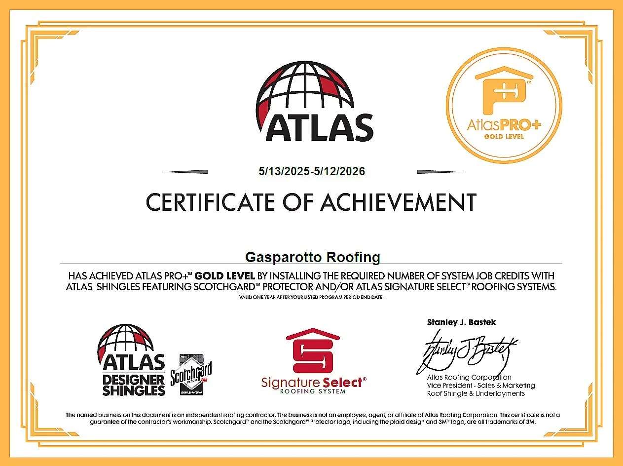 Certificate of achievement awarded to Gasparotto Roofing for achieving Atlas Pro+ Gold Level, signed by Stanley J. Bastek, with logos of Atlas Designer Shingles, Scotchgard, and Signature Select Roofing System.
