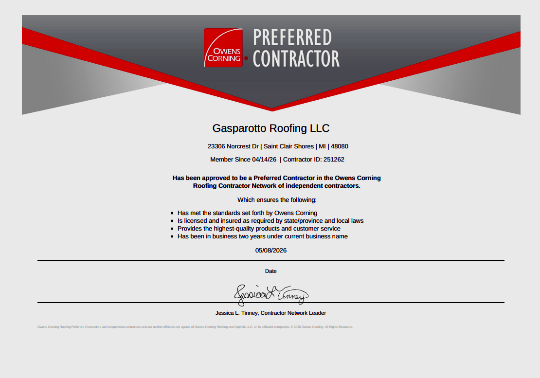 Certificate of Preferred Contractor status awarded to Gasparotto Roofing LLC by Owens Corning, signed by Jessica L. Tinney, dated 05/08/2026.