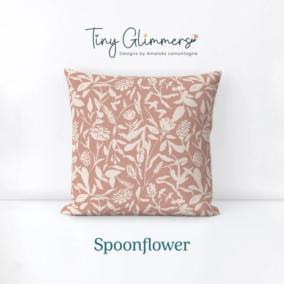 My designs are also available on Spoonflower, where they can be printed on fabric, wallpaper, and home decor items like pillows, bedding, and more.