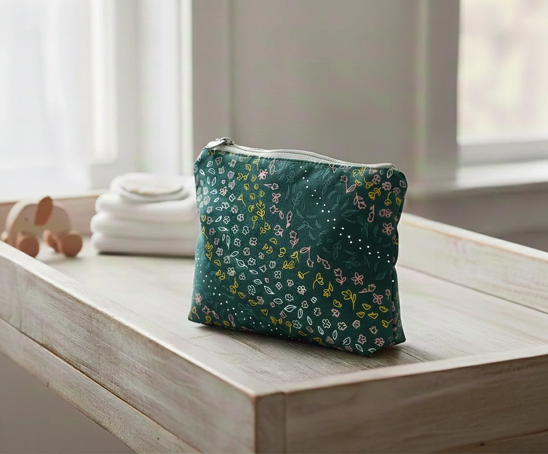 Amanda Lamontagne Tiny Glimmers baby pouch dark green floral.jpg