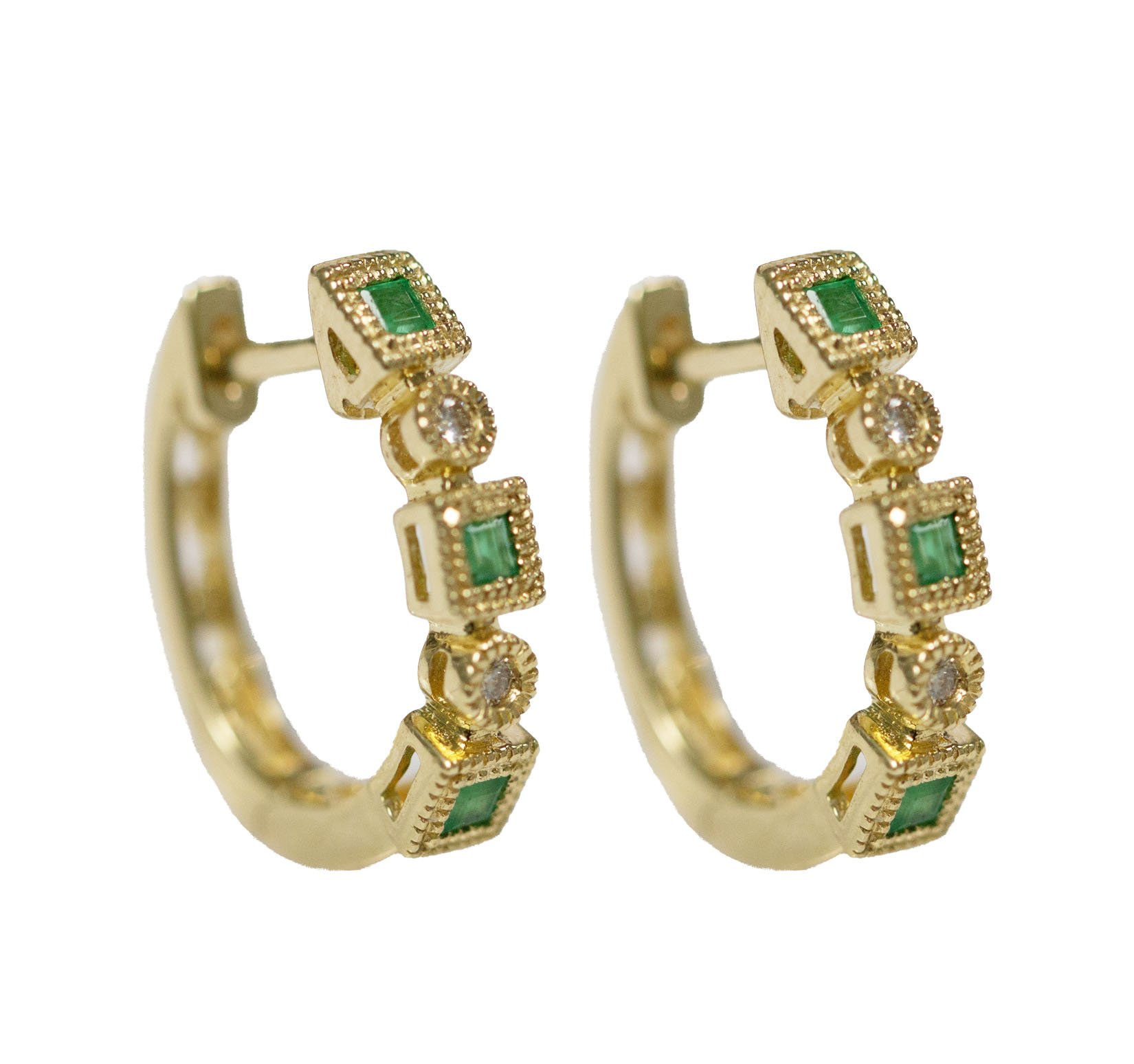 Emerald and Diamond Hoops 14k Yellow Gold Milgrain Huggies