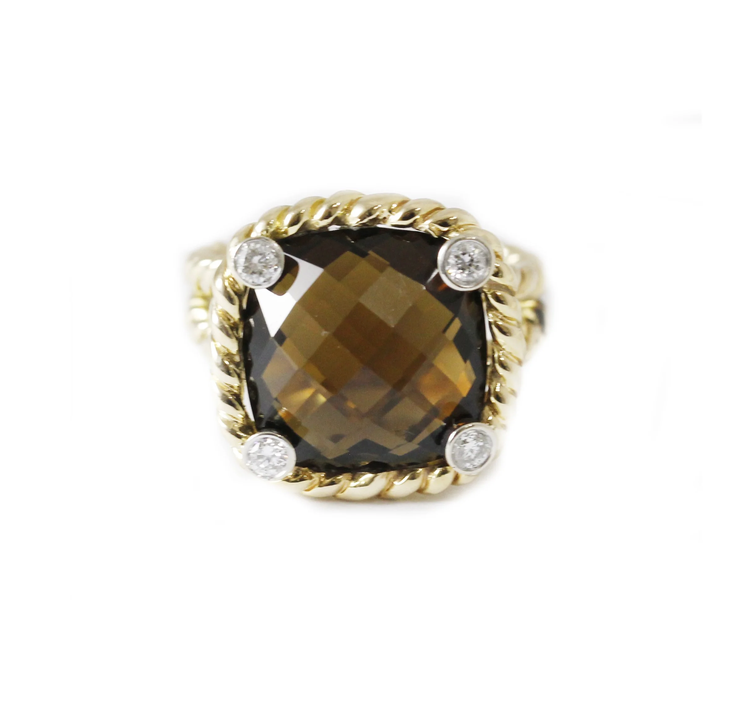 Mazza 14k Yellow Smoky Quartz Checkerboard Cut Cushion Ring with Diamond Prongs