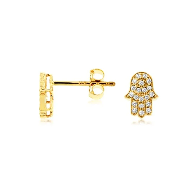 14k Yellow Gold Diamond Hamsa Stud Earrings