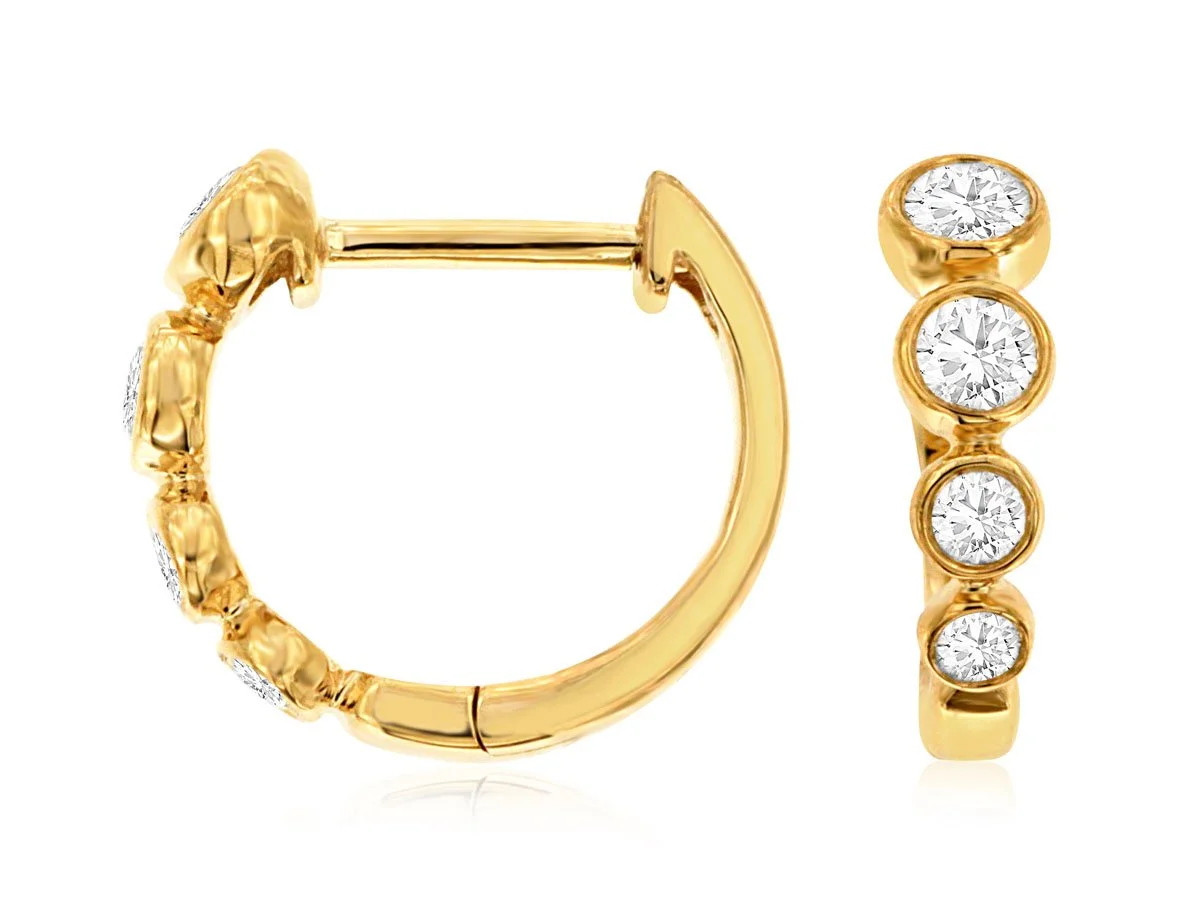14k Yellow Gold Bezel Set Diamond Hoop Earrings