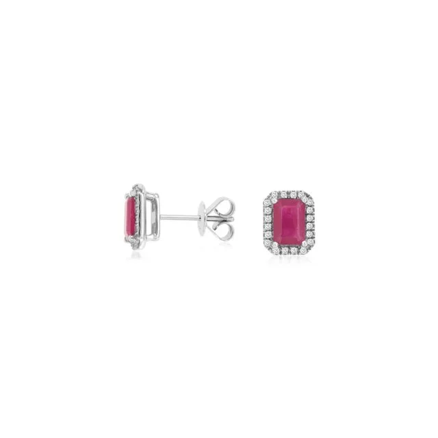 `14k White Gold Emerald Cut Ruby and Diamond Halo Stud Earrings