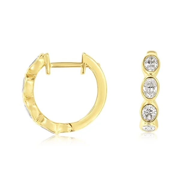 14k Yellow Gold Bezel Set Oval Diamond Hoop Huggie Earrings