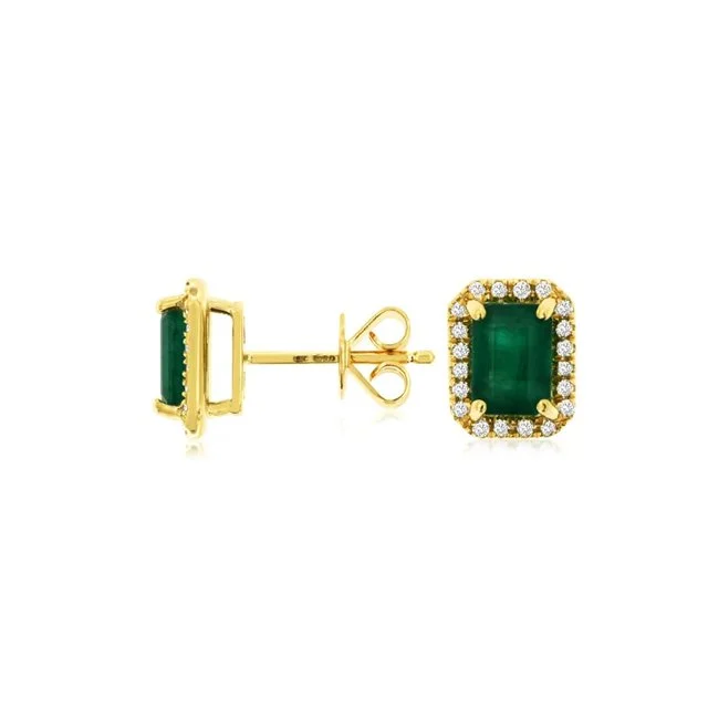 14k Yellow Gold Emerald Cut Emerald and Diamond Halo Stud Earrings