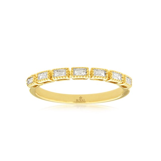 14k Yellow Gold Baguette Diamond Millgrain Bezel Wedding Band