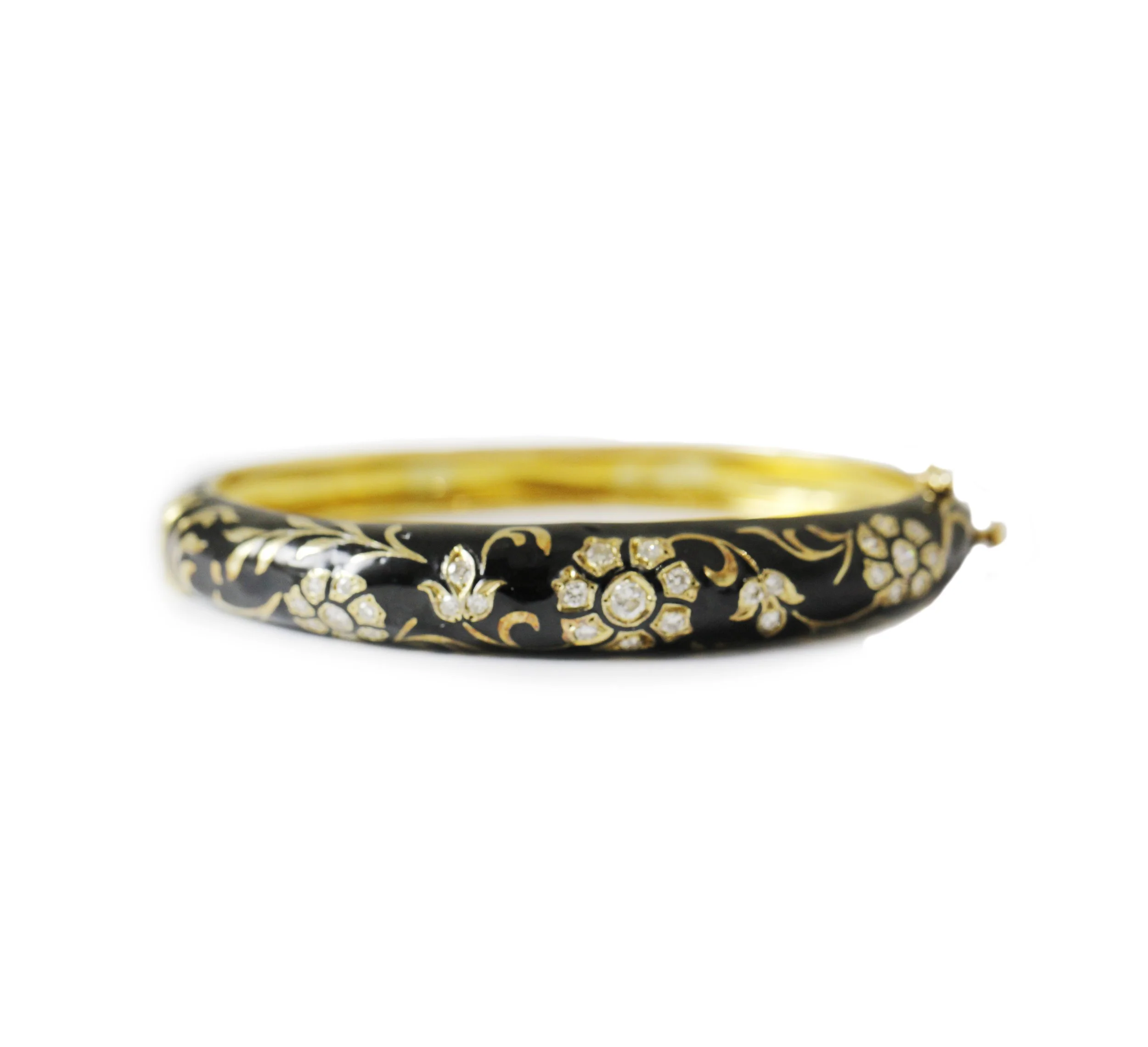 Black Enamel 14k Diamond Estate Bracelet Floral Design