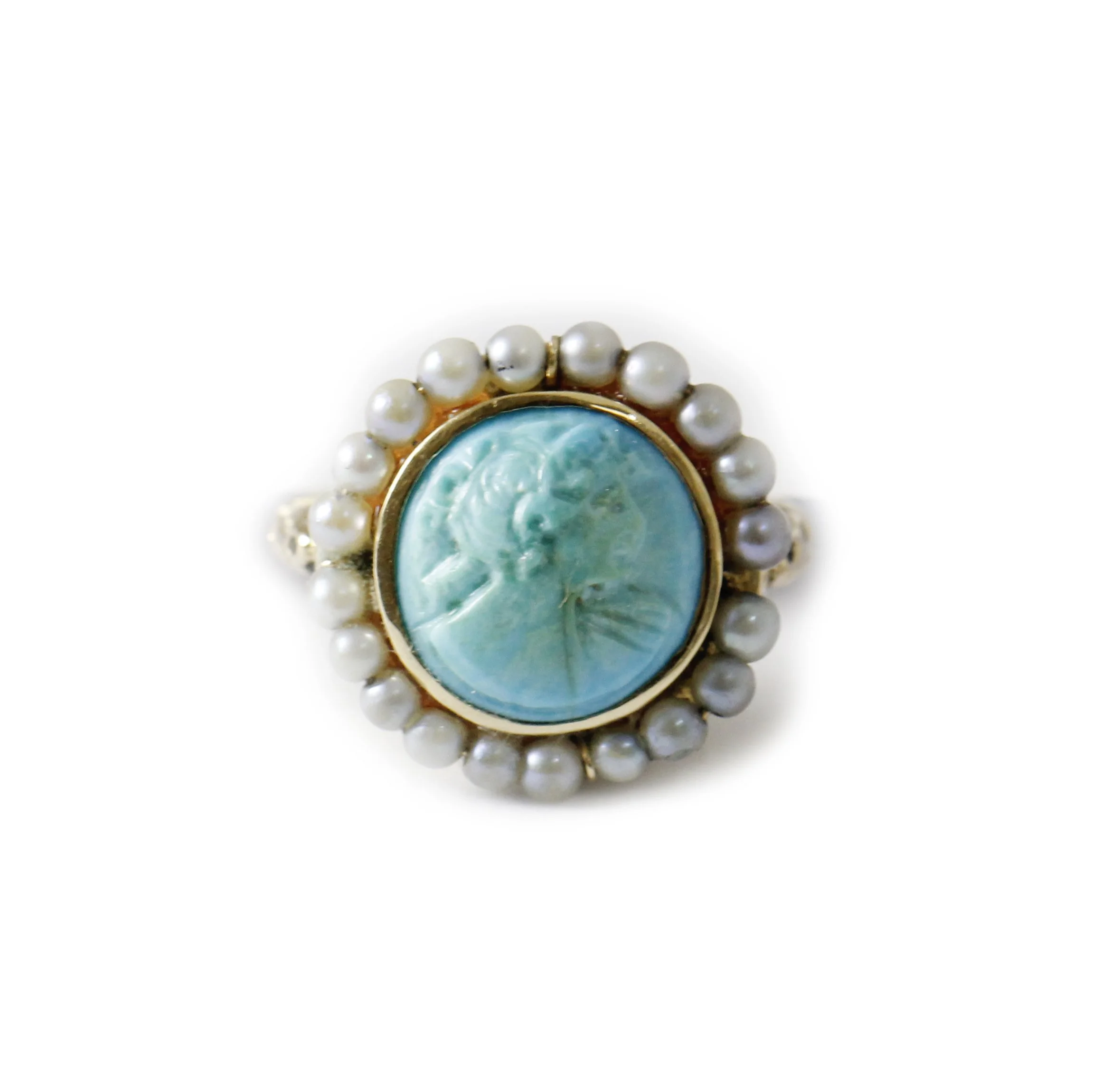 Estate Turquoise Cameo Ring Pearl Halo Yellow Gold 18k