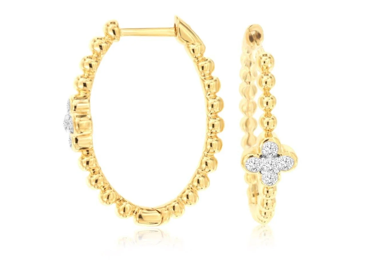 14k Yellow Gold Diamond Clover Hoop Earrings