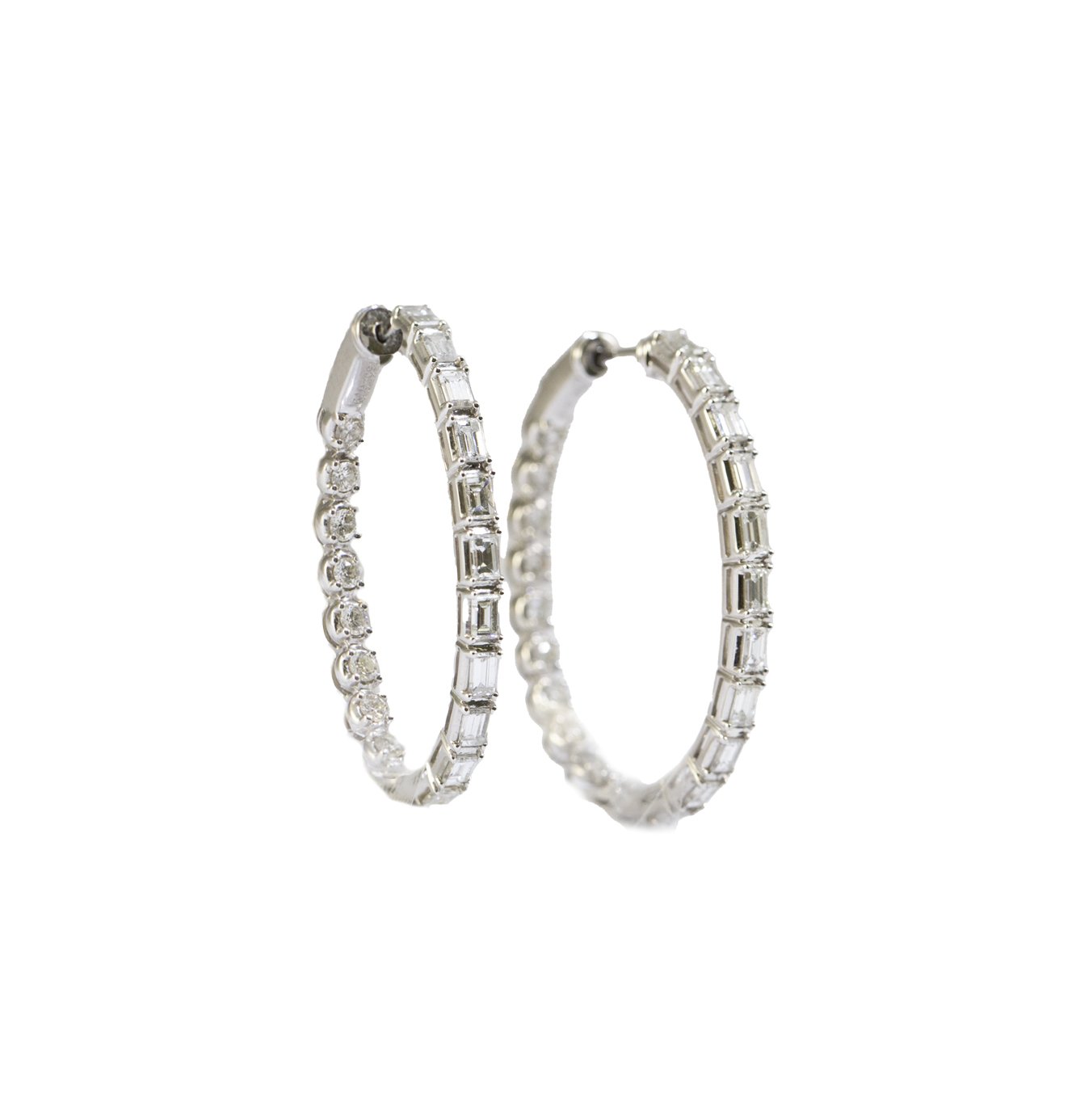 Inside out Diamond Emerald Cut and Round Hoop Earrings
