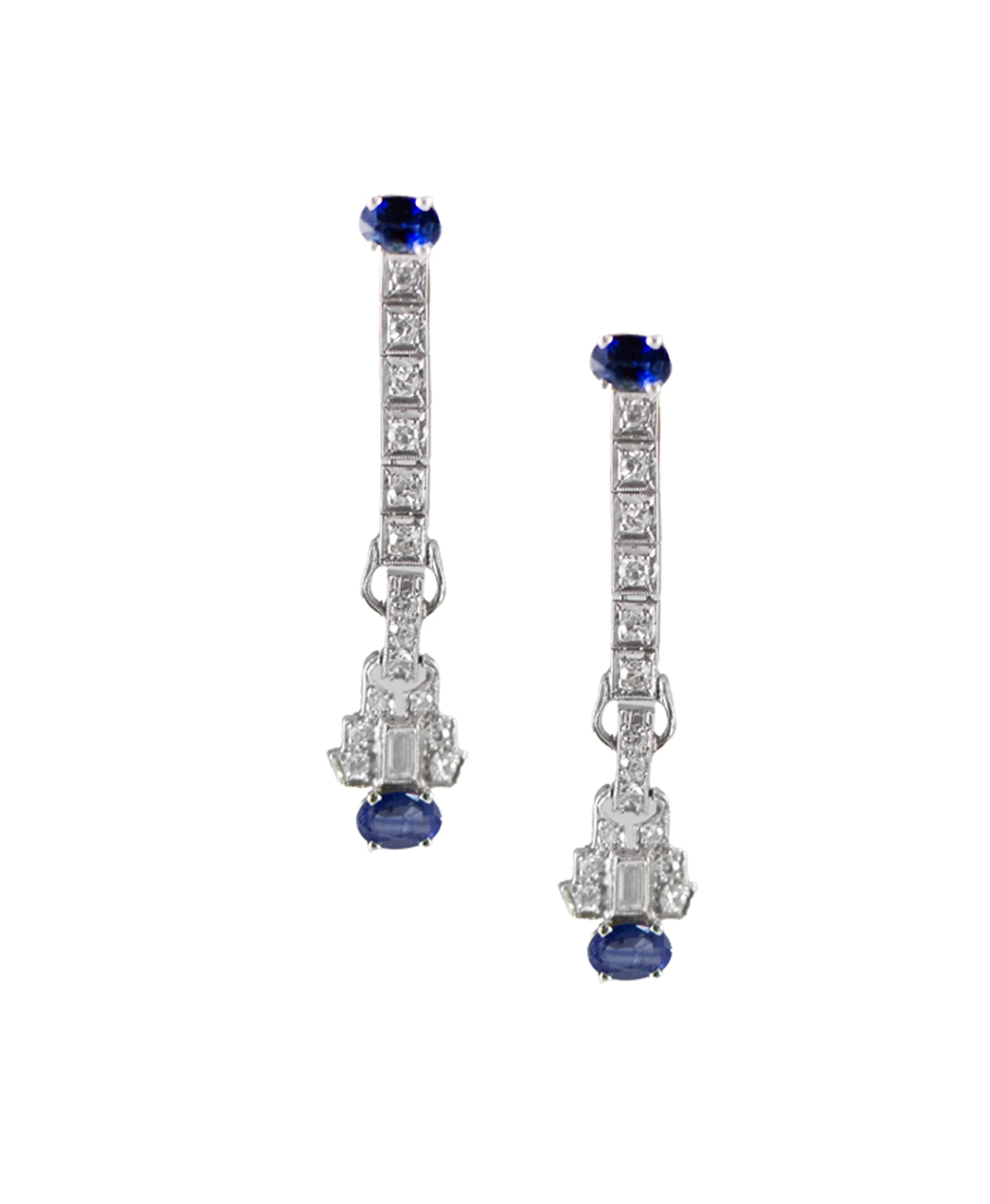 Platinum Sapphire and Diamond Art Deco Dangle Earrings Estate Antique