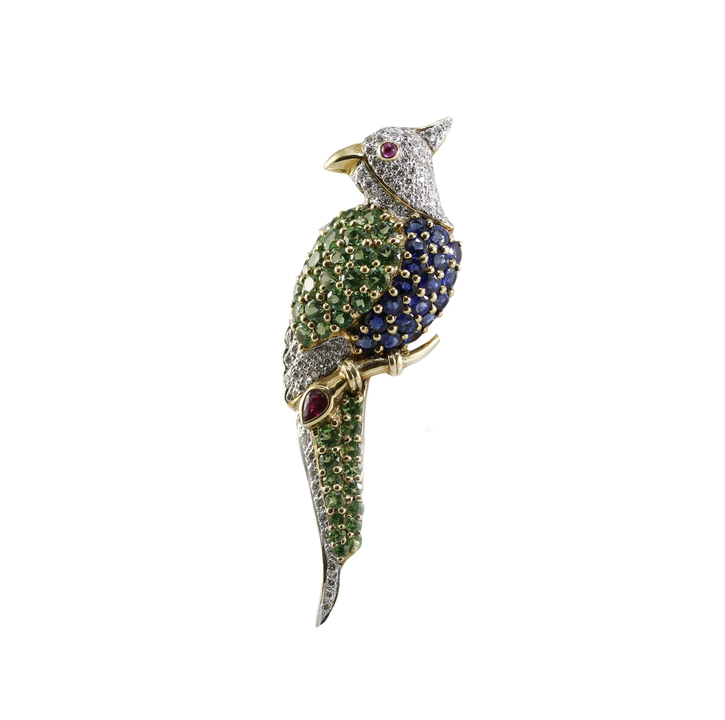 Parrot Pin Brooch Sapphire Peridot Ruby Diamonds 18k Yellow Gold Vintage Bird