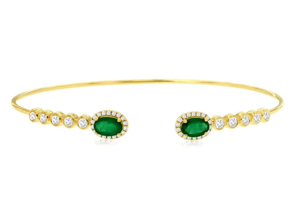 14k Yellow Gold Emerald and Diamond Cuff Bangle