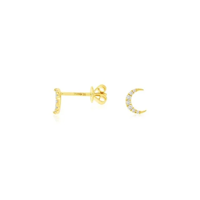 14k Yellow Gold Diamond Crescent Moon Stud Earrings