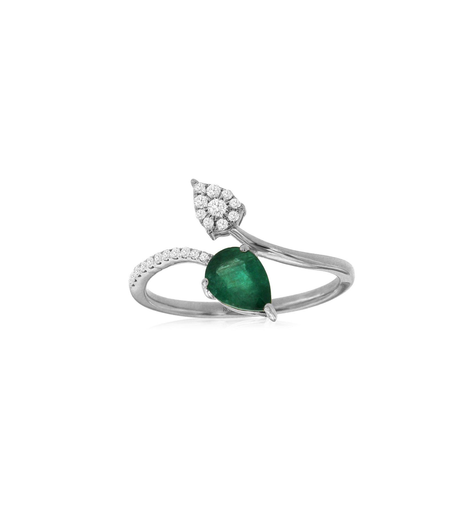 Emerald and Diamond Pearl Shaped Bypass Ring