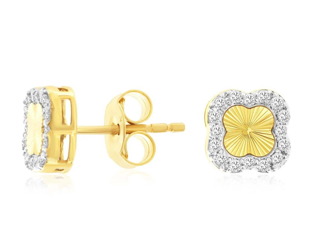 14k Yellow Gold Clover Diamond Cluster Stud Earrings