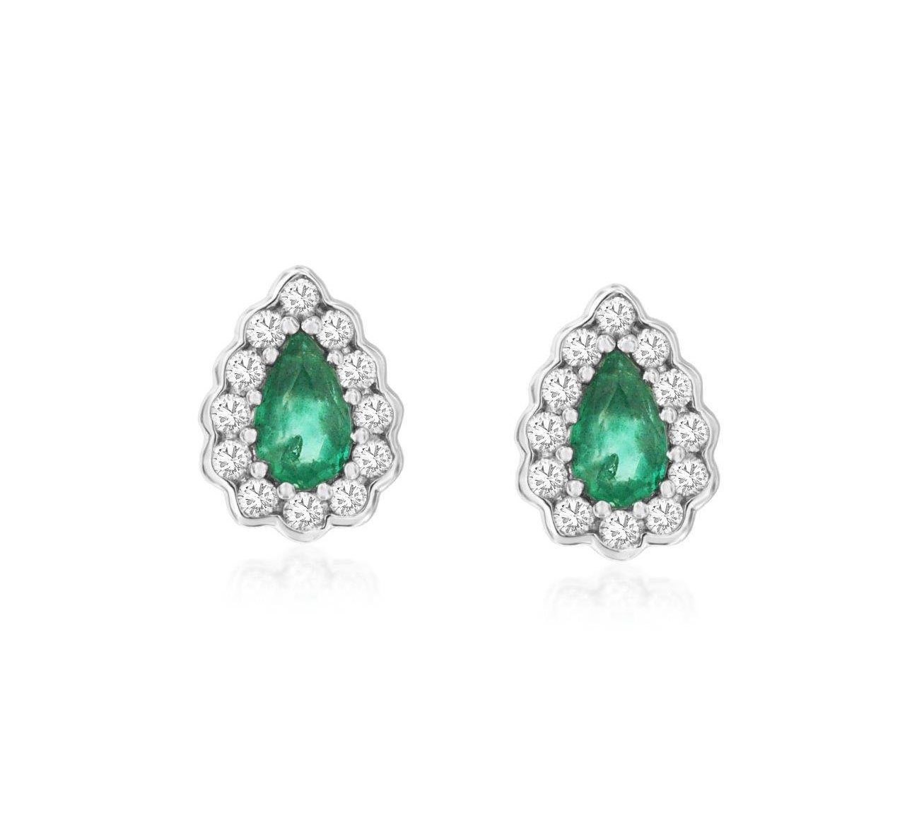 White Gold Pear Shaped Emerald and Diamond Halo Stud Earrings