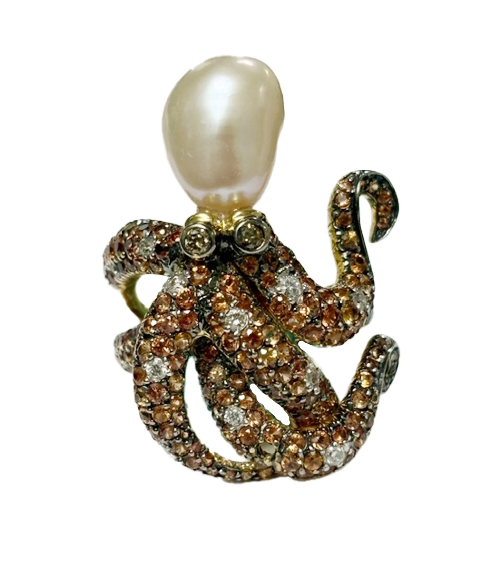 Octopus Ring 18k Yellow Gold Orange Sapphire Baroque Pearl Diamonds