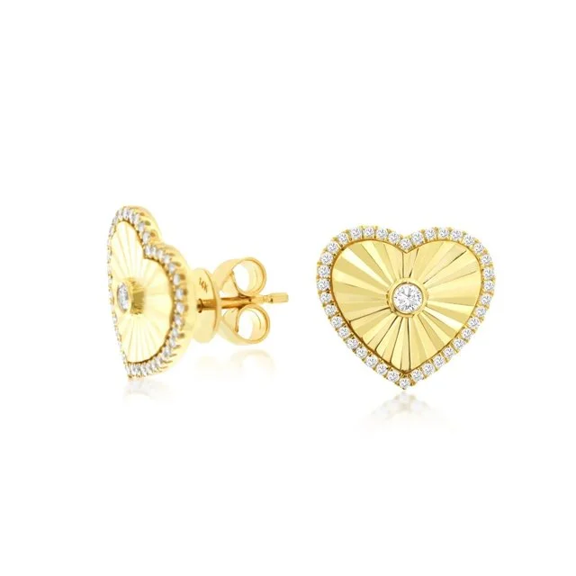14k Yellow Gold Diamond Textured Heart  Stud Earrings