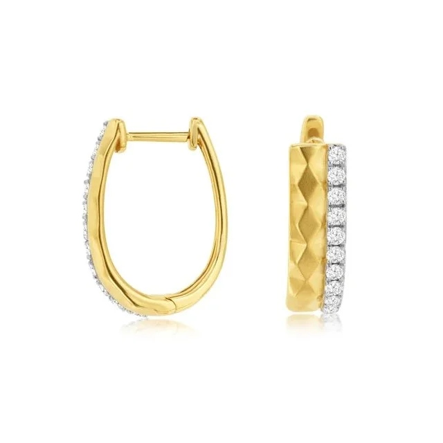 14k Yellow Gold Pyramid Pattern and Diamond Hoop Earrings