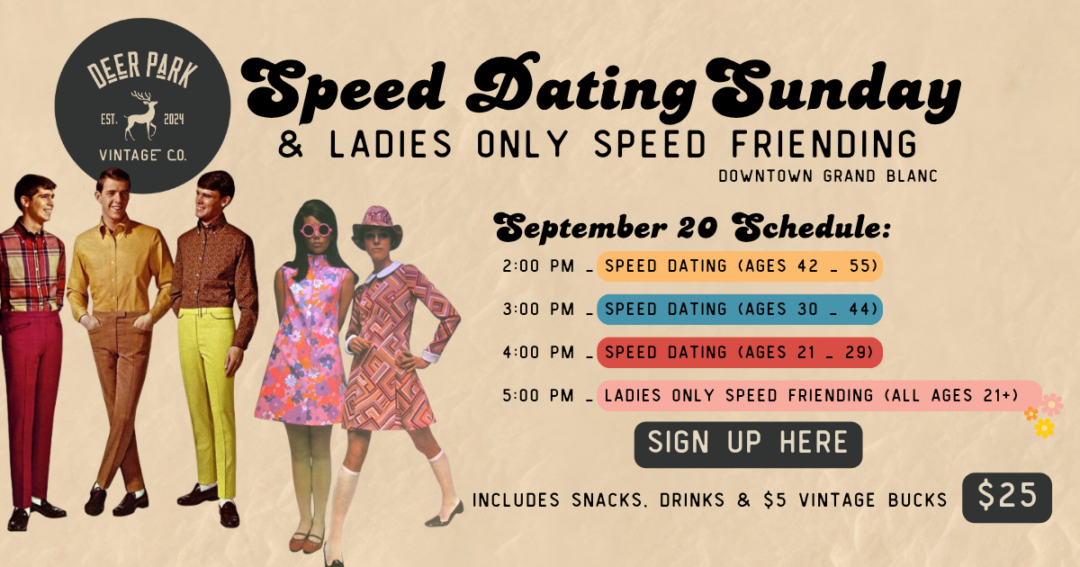 Speed Dating Sunday details with people dressed in 1960's mod clothing