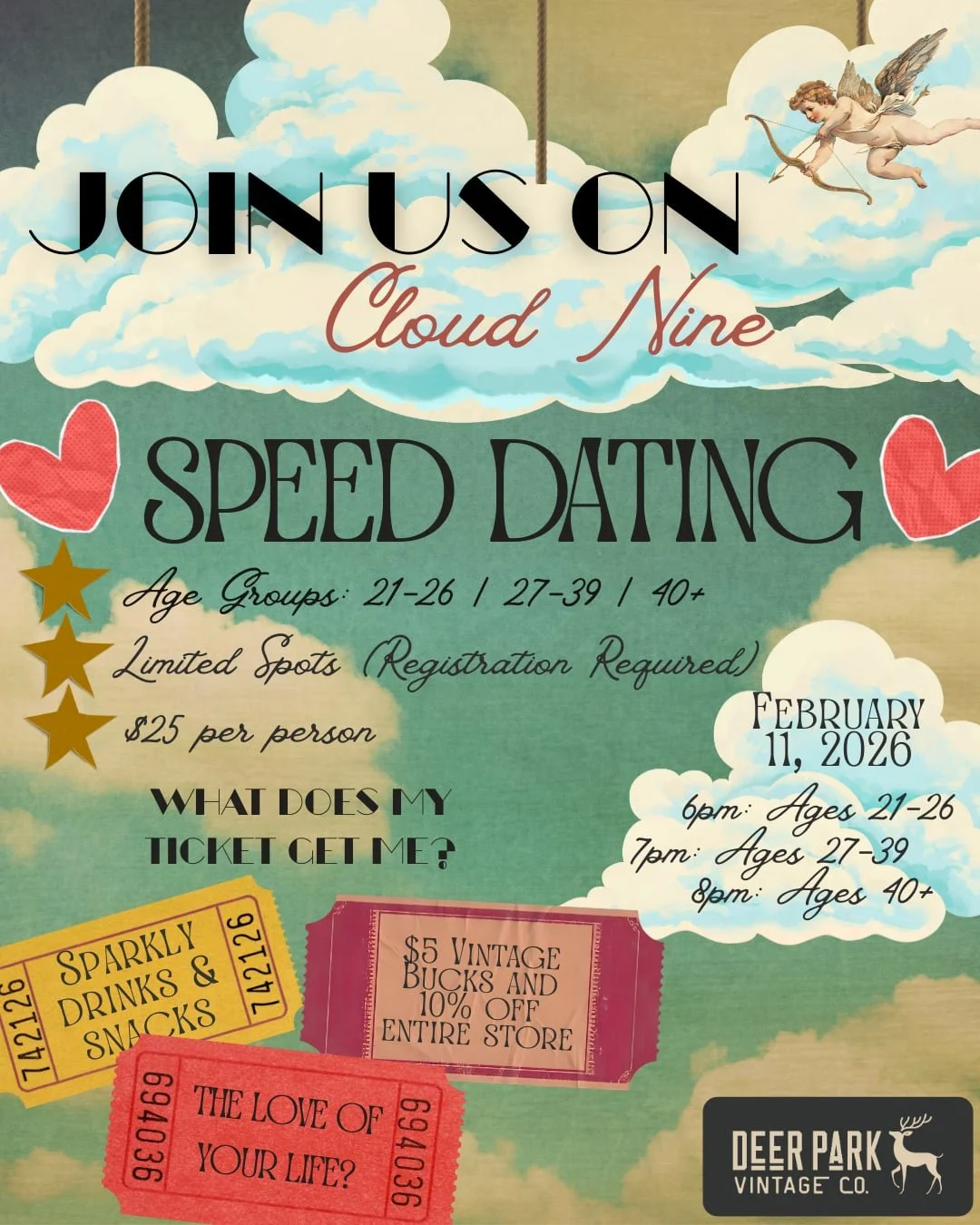Speed Dating at Deer Park Vintage Co. Flyer with clouds, hearts, and cupid design