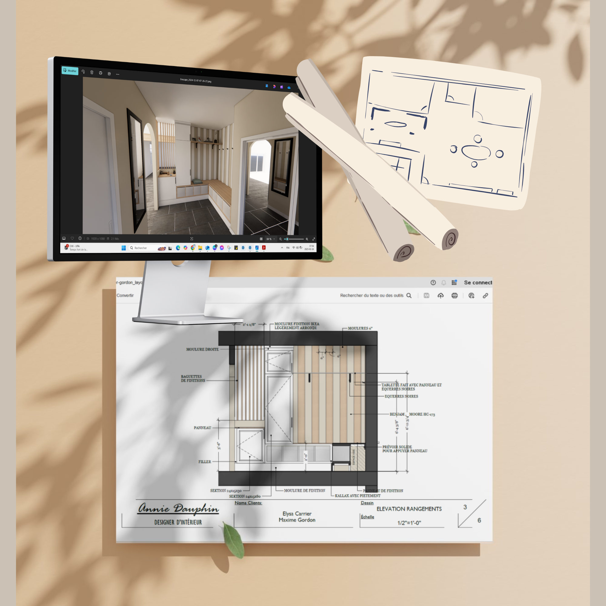 Elévation technique d'un mobilier sur mesure faite à partir de meubles Ikea, pour un espace entrée d'une maison avec un 3D réaliste afin de le représenter.