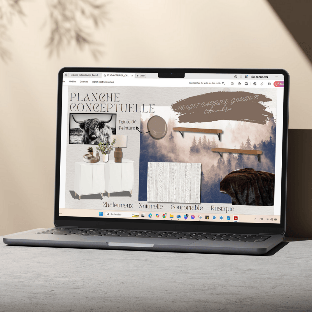 Conception d'une planche d'inspiration pour un projet de chambre des maîtres avec des thèmes rustiques, naturelles et chaleureuses, comprenant un tableau de bœuf et noir et blanc, des étagères en bois, un tapis, et un mur avec une image de nature