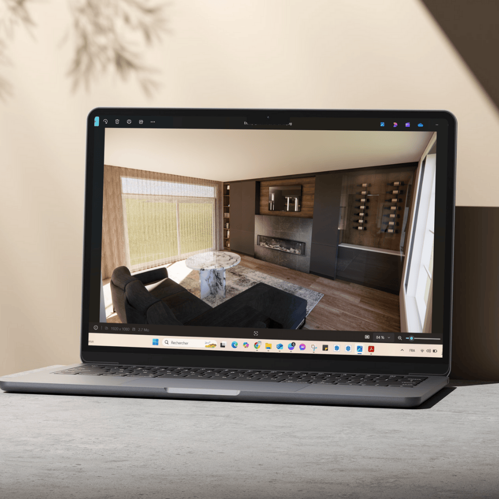 3D réaliste d'un salon moderne avec un foyer encastrée ainsi qu'un meuble sur mesure autour de celui-ci dans les teintes de gris et bois.