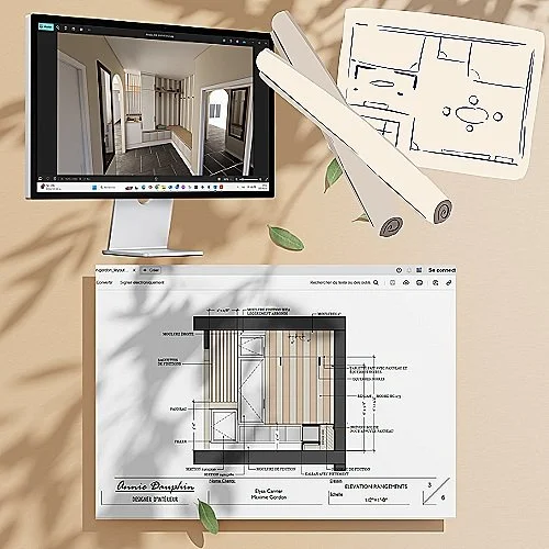 Elévation technique d'un mobilier sur mesure faite à partir de meubles Ikea, pour un espace entrée d'une maison avec un 3D réaliste afin de le représenter.