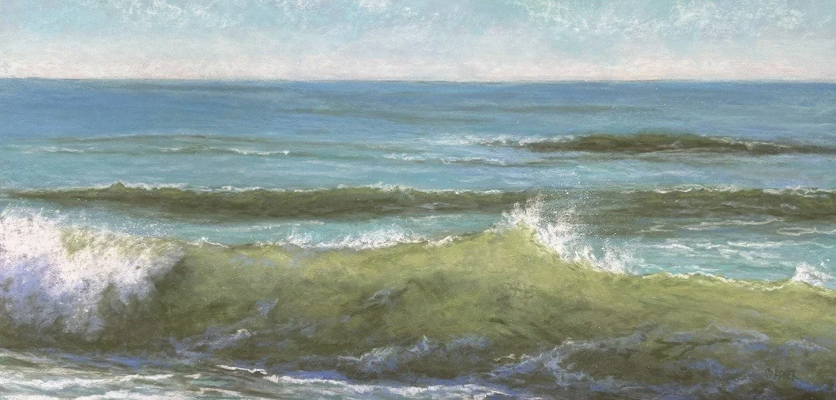 Oil painting of an ocean with rolling waves and a light blue sky.