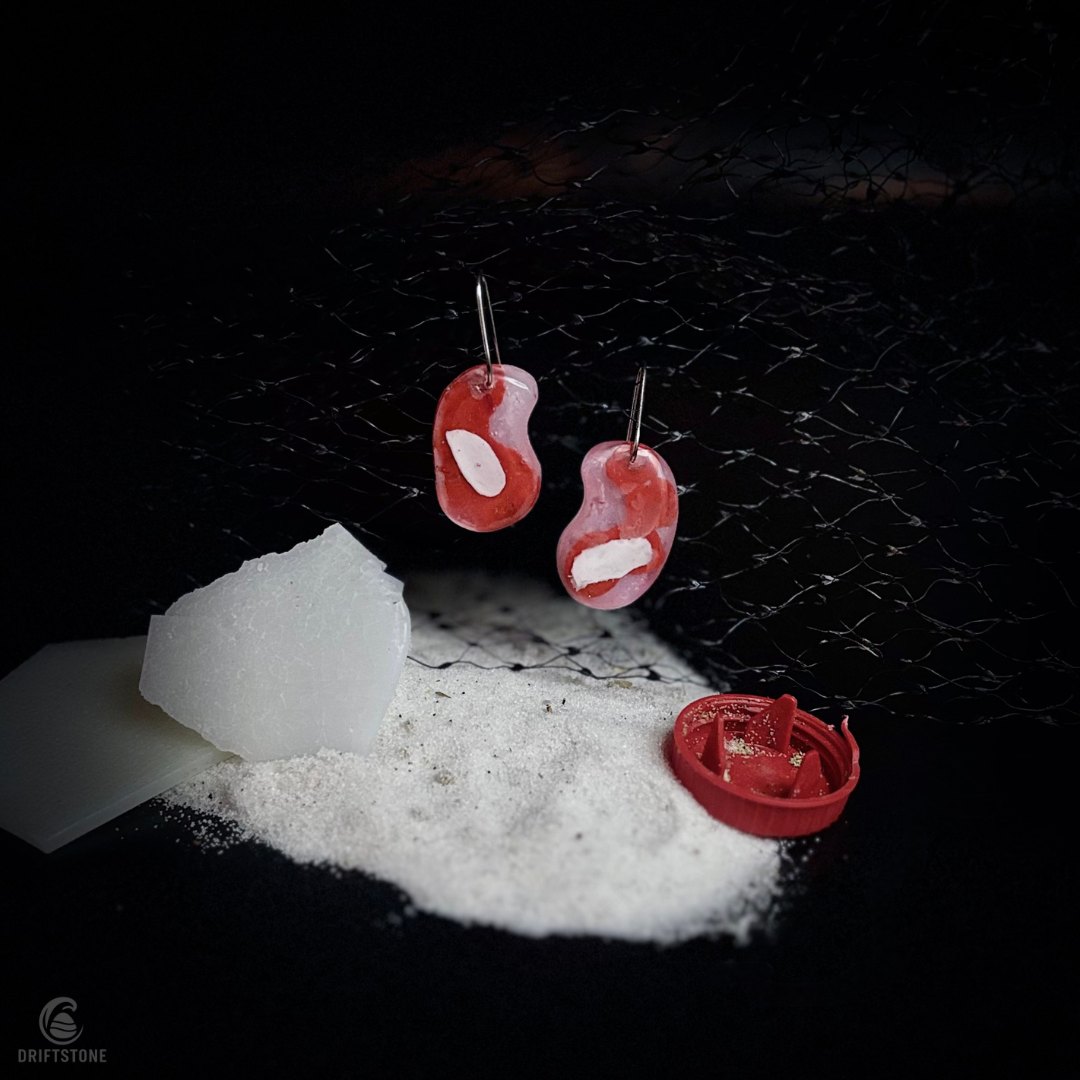 Reclaimed Red Toy Cap Plastic Earrings from Cannon Beach, Oregon