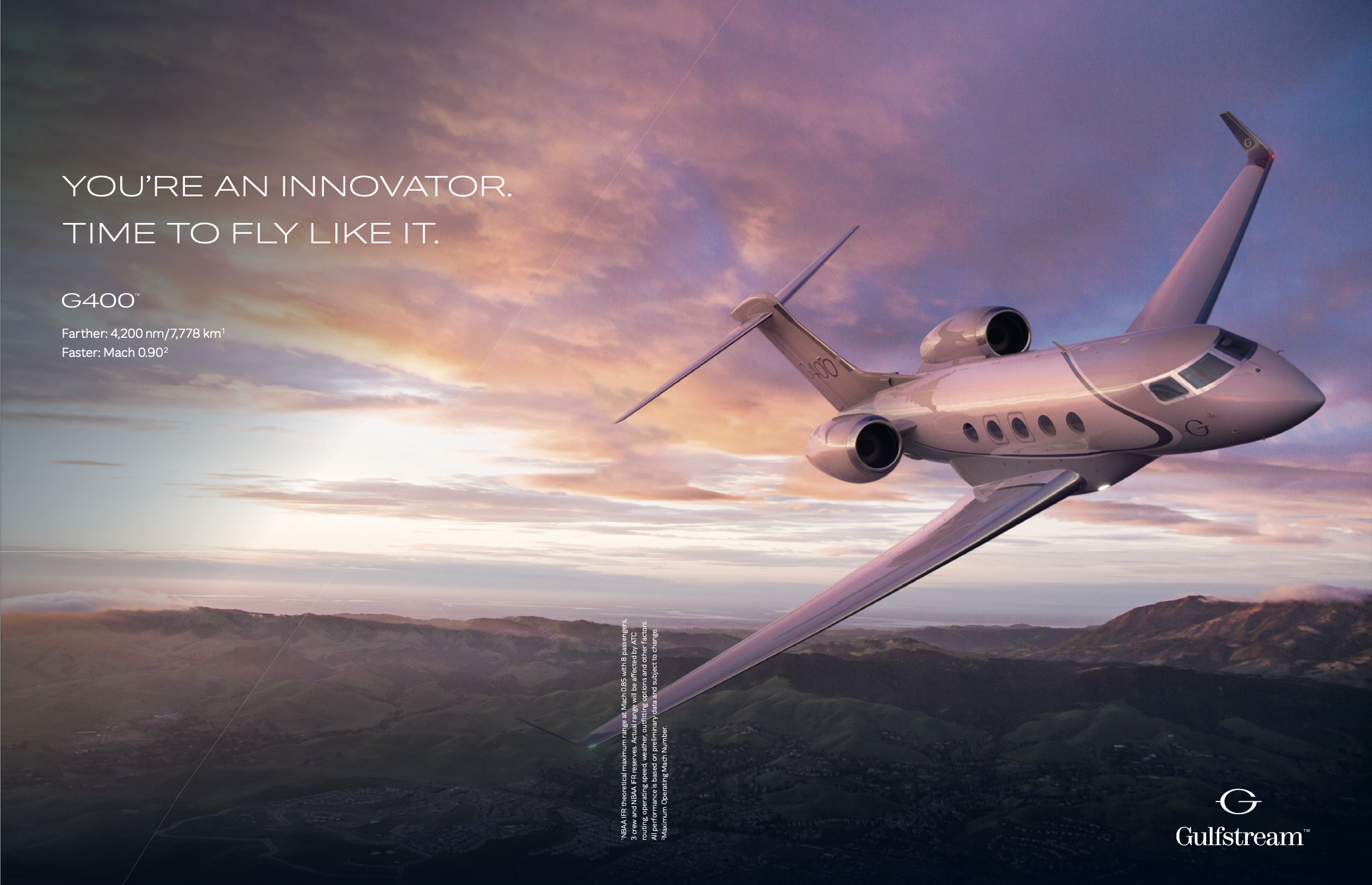 Gulfstream G400 jet flying over landscape at sunset, featuring promotional text: 'You're an innovator. Time to fly like it.'