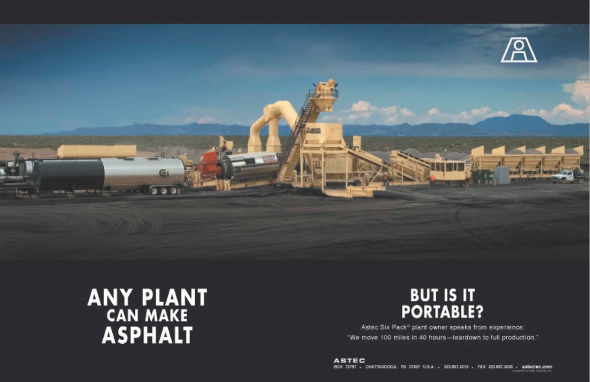 Astec, Inc. advertising campaign with text: 'Any Plant Can Make Asphalt. But is it portable?'